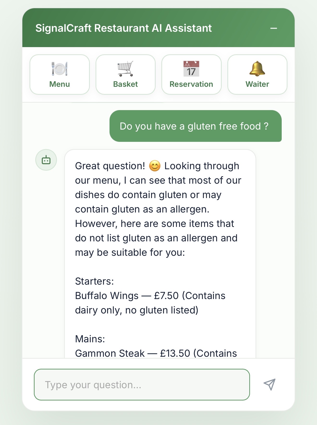 Restaurant assistant answering a guest’s gluten-free menu question