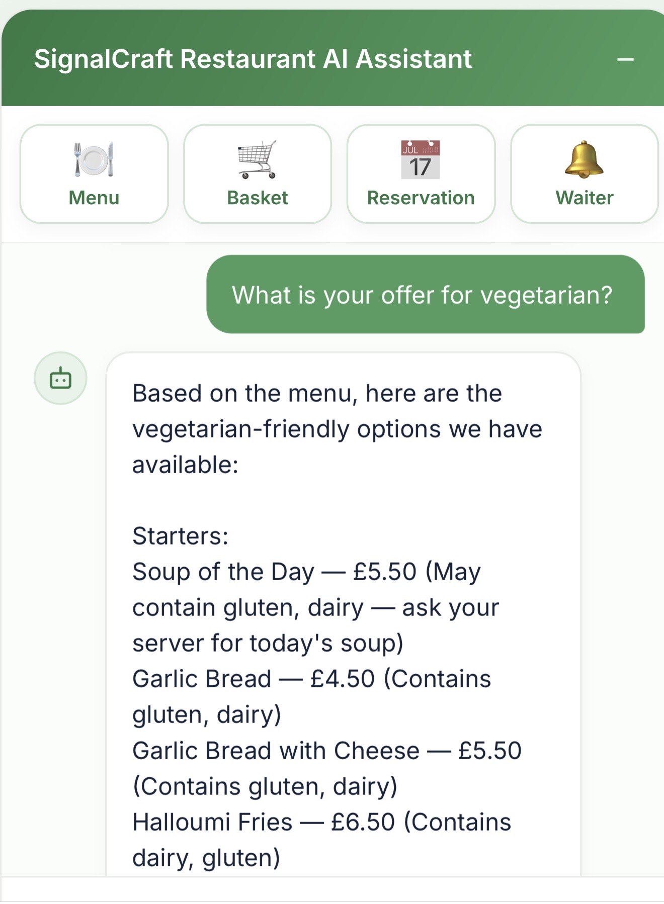 Restaurant assistant recommending vegetarian menu options