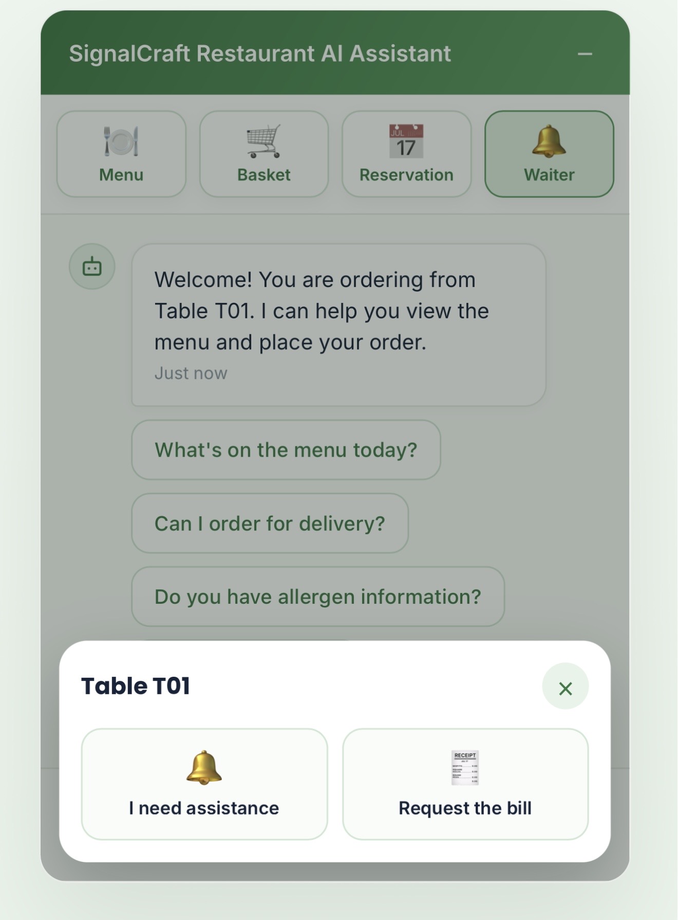 Restaurant table QR assistant showing buttons to request assistance or the bill