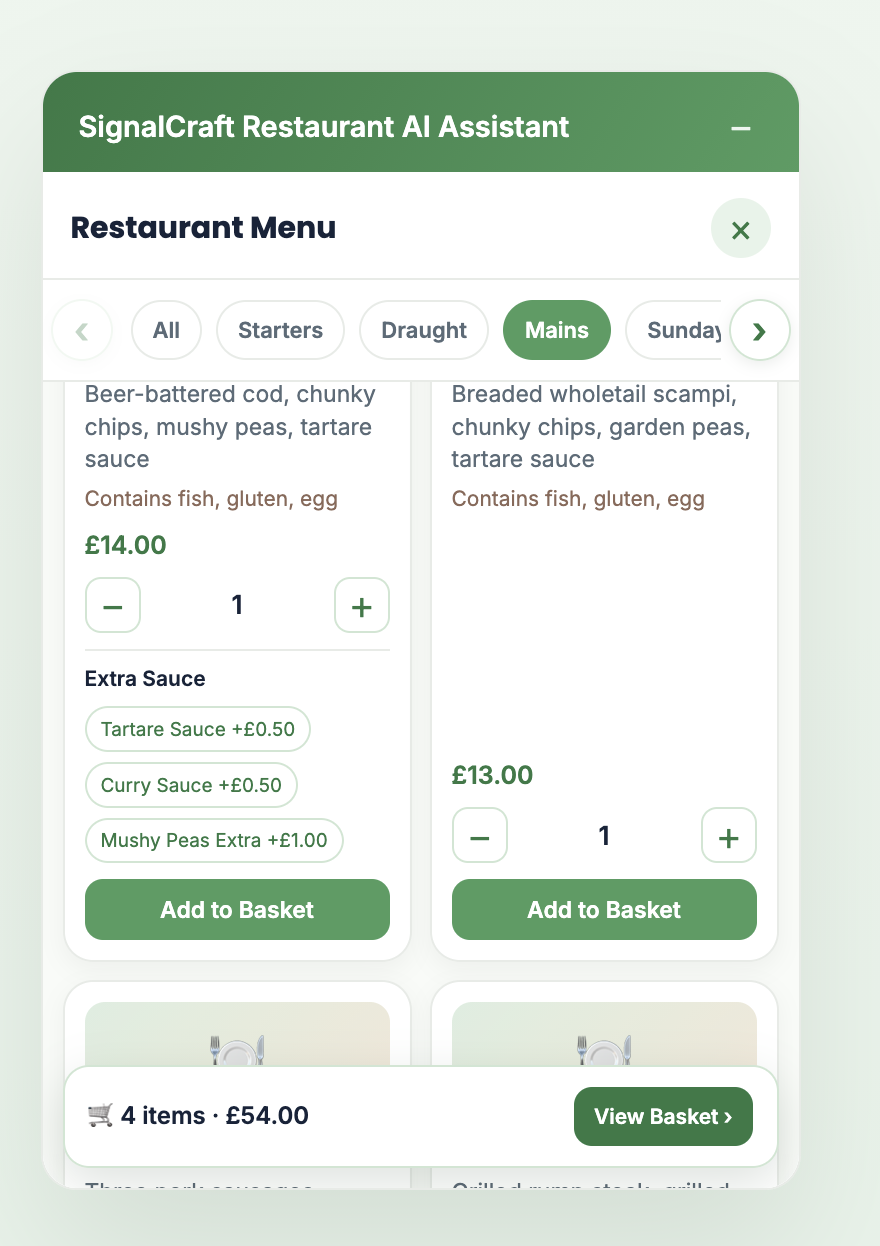 SignalCraft guest menu showing dishes, allergen information and add to basket controls