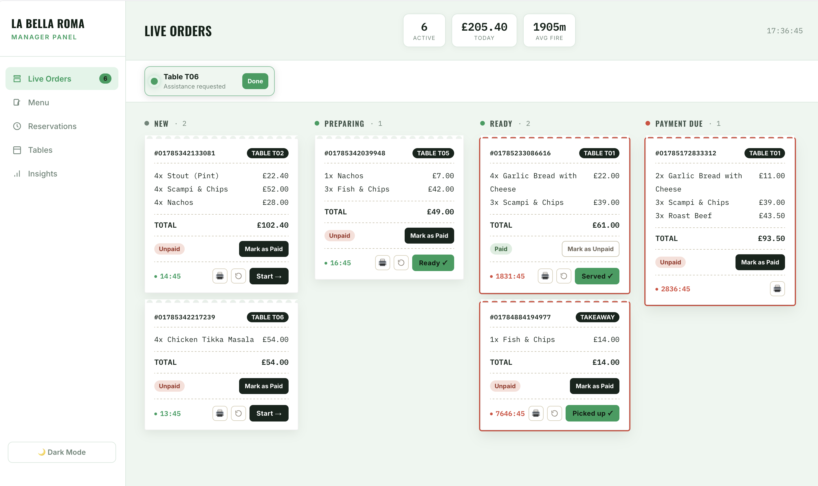 SignalCraft restaurant manager panel showing live orders, preparation status, payments and a live assistance request from table T06